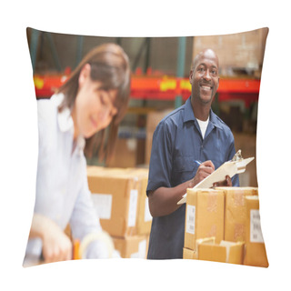 Personality  Workers In Warehouse Preparing Goods For Dispatch Pillow Covers