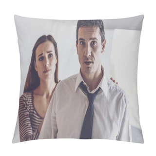 Personality  Depressed Nice Man Standing In Front Of His Wife Pillow Covers