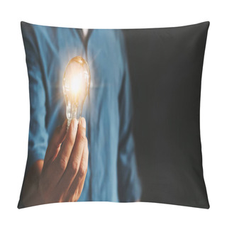 Personality  Businessman Hand Holding Lightbulb. Idea Alternative Energy Conc Pillow Covers