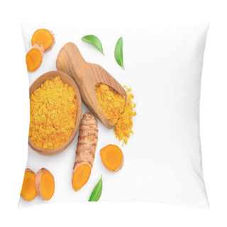 Personality  Turmeric Powder And Turmeric Root Isolated On White Background With Copy Space For Your Text. Top View. Flat Lay Pillow Covers