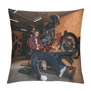 Personality  Bike Repair Station Worker Sitting In Front Of Motorcycle At Garage Pillow Covers