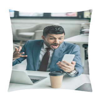 Personality  Irritated Businessman Showing Indignation Gesture And Screaming During Video Chat On Smartphone Pillow Covers