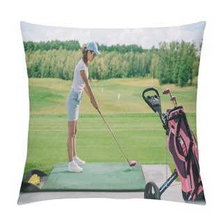 Personality  Side View Of Woman In Polo And Cap Playing Golf At Golf Course Pillow Covers