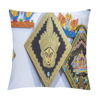Personality  New Delhi, India - November 18 2023: Handmade Painting Of Goddess Durga On Wooden Canvas With White Background. Pillow Covers