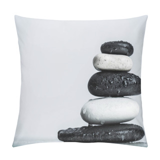 Personality  Close Up View Of Water Drops On Stacked Black And White Zen Stones On Wet Glass Isolated On Grey Pillow Covers