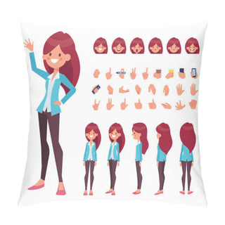 Personality  Front, Side, Back, 3/4 View Animated Character. Woman Character Constructor With Various Views, Face Emotions, Lip Sync, Poses And Gestures. Cartoon Style, Flat Vector Illustration. Pillow Covers
