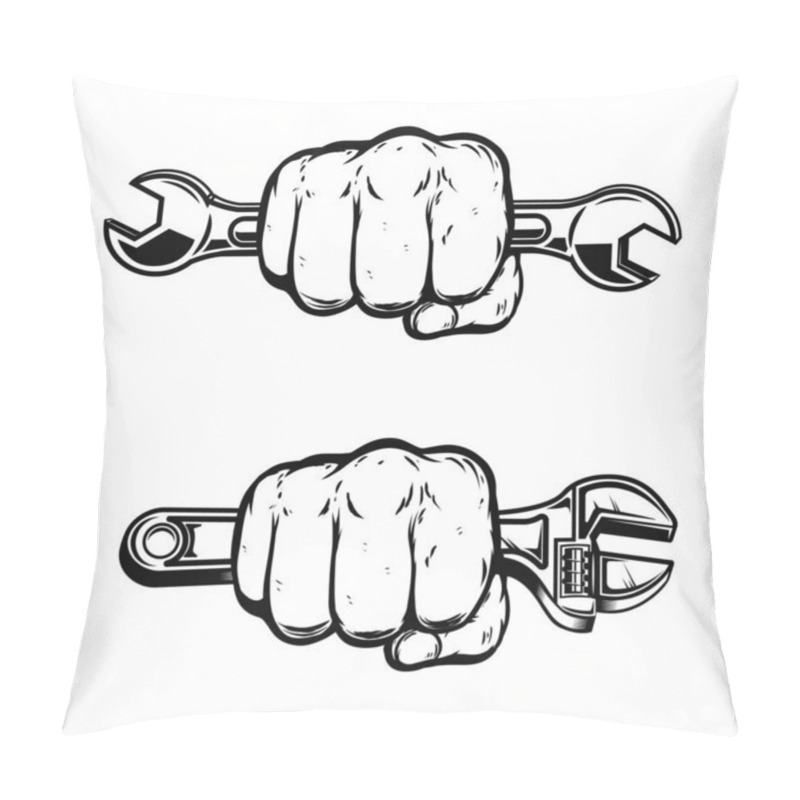 Personality  Human fist with wrench. Design element for poster, emblem, sign, badge. pillow covers