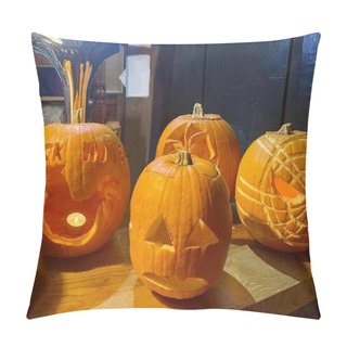 Personality  Jack-o-lantern Pumpkins With Lit Candles Inside On Halloween Evening Pillow Covers