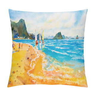 Personality  Colorful Sea Summer Watercolor Paintings. Panorama Of Seascape Boat Sail On Sea. Painting Travel Summary Season With Islands Background. Abstract Illustration Copy Space For Text, Art For Background. Pillow Covers