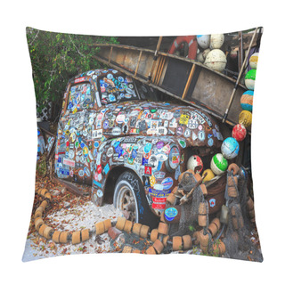 Personality  Old Car Covered With A Variety Of Stickers  Pillow Covers