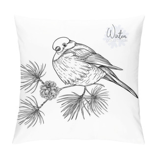 Personality Bullfinch On A Branch Of A Pine With A Cone. Graphic Drawing, Engraving Style. Vector Illustration. Isolated On White Background Pillow Covers