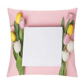 Personality  Spring Tulip Flowers With Blank Paper Isolated On Pink Pillow Covers