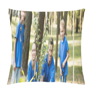 Personality  Happy Family Of Volunteers Planting Young Tree In Forest, Ecology Concept, Banner Pillow Covers