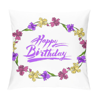 Personality  Vector Purple, Yellow And Maroon Iris Floral Botanical Flower. Wild Spring Leaf Wildflower Isolated. Engraved Ink Art. Frame Border Ornament Square. Pillow Covers