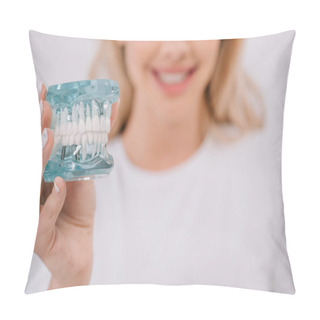 Personality  Selective Focus Of Jaw Model With Woman On Background Isolated On White With Copy Space Pillow Covers