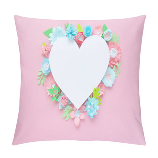 Personality  Heart Frame With Paper Flowers With Green Leaves On Pink Background. Cut From Paper. Valentines Day Concept Pillow Covers