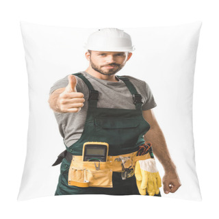 Personality  Handsome Electrician Showing Thumb Up And Looking At Camera Isolated On White Pillow Covers