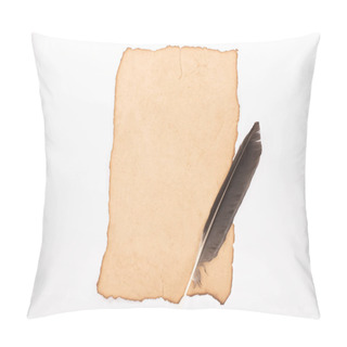 Personality  Top View Of Vintage Aged Paper With Feather Isolated On White Pillow Covers
