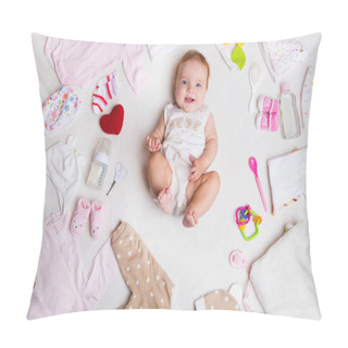 Personality  Baby On White Background With Clothing, Toiletries, Toys And Health Care Accessories. Wish List Or Shopping Overview For Pregnancy And Baby Shower. Pillow Covers