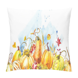 Personality  Pumpkins Composition. Hand Drawn Watercolor Painting On White Background. Watercolor Illustration With A Splash. Happy Thanksgiving Pumpkin. Pillow Covers