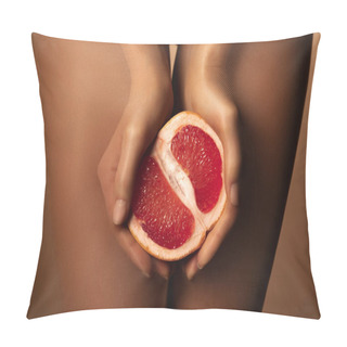 Personality  Cropped View Of Woman In Nylon Tights Holding Grapefruit Half Isolated On Brown Pillow Covers