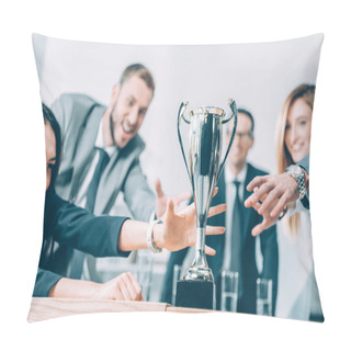 Personality  Close-up Shot Of Multiracial Businesspeople Trying To Catch Champion Cup Pillow Covers