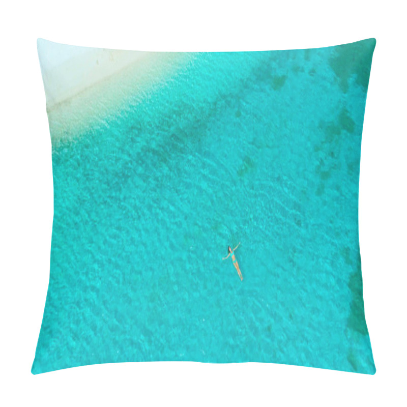 Personality  TOP DOWN: Relaxed Young Woman Cooling Off By Floating In The Turquoise Ocean. Pillow Covers