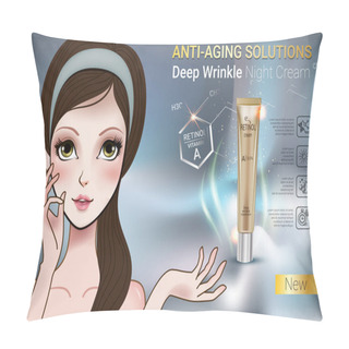 Personality  Vector Illustration With Manga Style Girl And Retinol Cream Tube. Pillow Covers