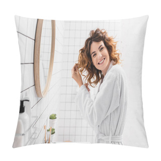 Personality  Smiling Woman With Hands Near Hair Looking At Camera Near Toiletries On Blurred Foreground  Pillow Covers