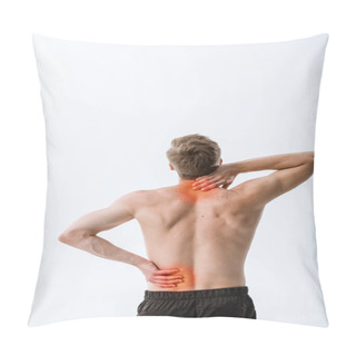 Personality  Back View Of Shirtless Sportsman With Neck Pain And Backache Isolated On Grey Pillow Covers