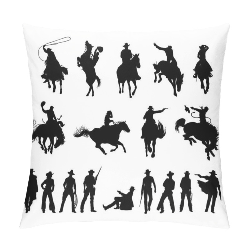 Personality  Set Of Wild West Silhouettes - Cowboys Standing, Walking, Riding Horse, Shooting Gun. Western Traditional Elements Collection. Vector Art Black Illustrations Isolated On White Background. Pillow Covers