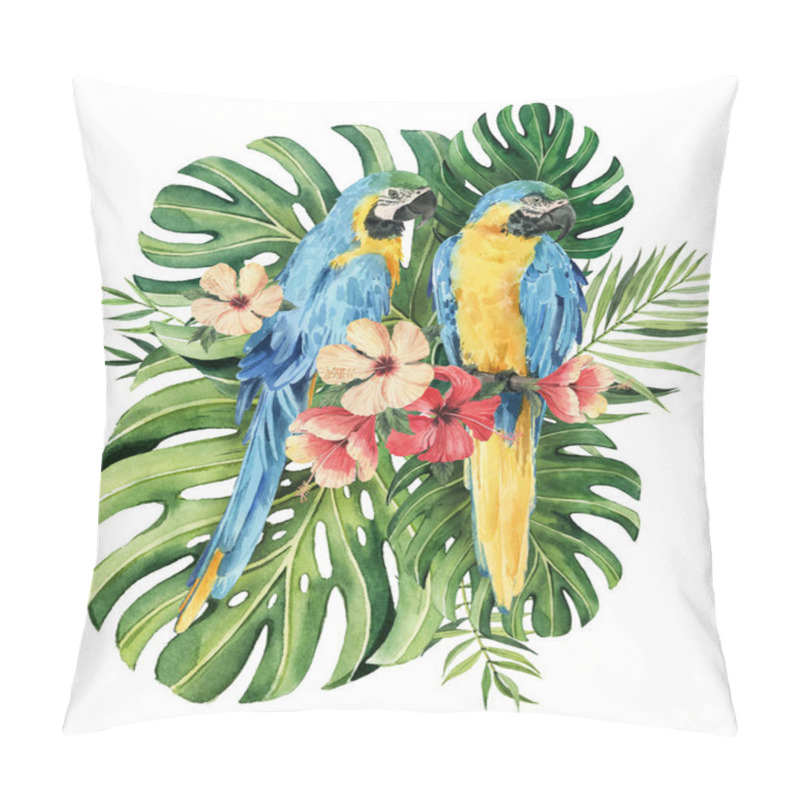 Personality  Print With Beautiful Watercolor Parrots And Tropical Leaves. Tropics. Realistic Tropical Leaves. Tropical Birds.  Isolated On White Background Pillow Covers