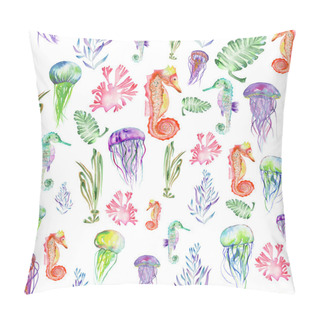 Personality  Pattern With Watercolor Seahorses, Jellyfish And Seaweed (algae) Pillow Covers