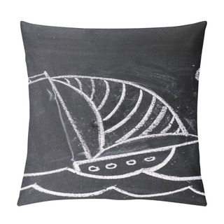 Personality  Ship With Striped Sail Drawing On Chalkboard Pillow Covers