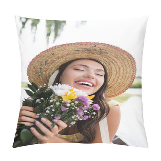 Personality  Happy Young Woman In Straw Hat Holding Blooming Flowers  Pillow Covers