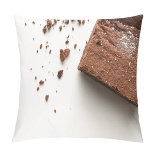 Personality  Top View Of Delicious Brownie Piece On White Background Pillow Covers