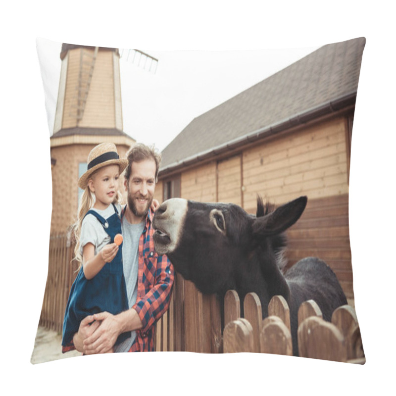 Personality  Family Feeding Donkey In Zoo Pillow Covers