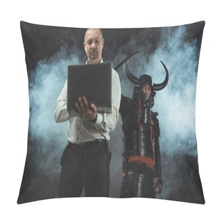 Personality  Man Using Laptop While Samurai Standing Behind Him With Sword Pillow Covers