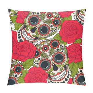 Personality Seamless Pattern, Background With Sugar  Skull And Red Roses. Pillow Covers