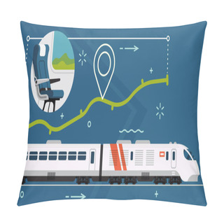 Personality  Vector Concept Illustration On Express High Speed Train With Abstract Route With Distance, Location Pin And Passenger Seat. Travel By Train Horizontal Visual Pillow Covers