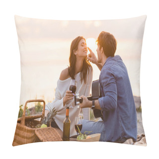 Personality  Man With Acoustic Guitar Touching Nose Of Girlfriend With Glass Of Wine On Beach At Sunset  Pillow Covers