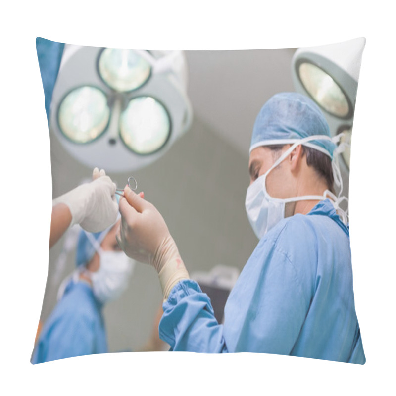 Personality  Doctor Receiving A Surgical Scissor From A Nurse Pillow Covers