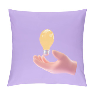 Personality  3D Cartoon Hand Holding Lightbulb On Purple Background. Thinking, Good Idea And Business Success Creative Concept. 3d Render Illustration Pillow Covers