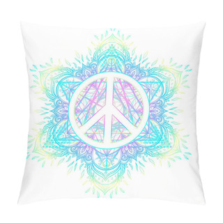 Personality  Peace Symbol Over Decorative Ornate Background Mandala Round Pat Pillow Covers