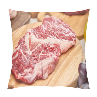 Personality  Close Up View Of Raw Meat On Light Wooden Cutting Board Pillow Covers