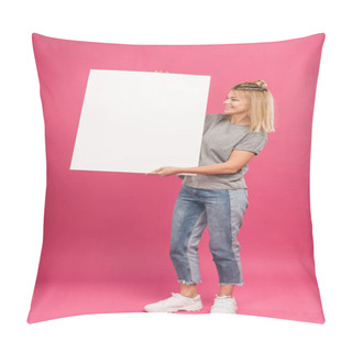 Personality  Beautiful Happy Woman Posing With Empty Placard, Isolated On Pink Pillow Covers