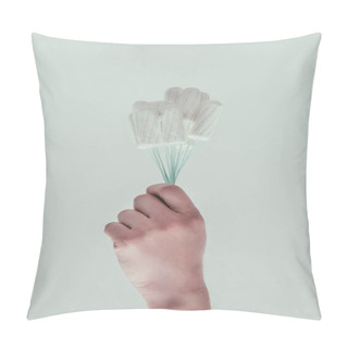 Personality  Partial View Of Woman Holding Tampons In Hand Isolated On Grey Pillow Covers