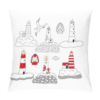 Personality  Beautiful Vector Set With Lighthouses, Lamp And Seagull. Retro Clipart Illustration. Pillow Covers