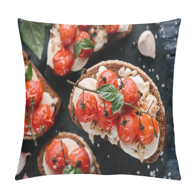 Personality  Delicious Sandwiches With Mozzarella And Baked Tomatoes On Dark Wooden Table Pillow Covers