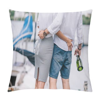 Personality  Cropped Shot Of Young Couple Holding Wine Glasses And Bottle, Hugging At Seaside Pillow Covers
